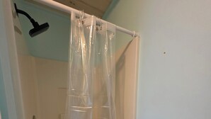 A shower with a clear plastic curtain, a showerhead, and a door with a brass handle. - Cozy 2-bedroom cottage in marvelous Ludington with AC (Ludington)