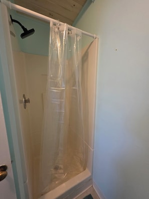 Ducha con cortina de plástico transparente, cabezal de ducha y puerta con manija de latón.