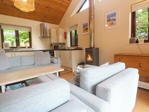 Een moderne keuken met een houtkachel, een zithoek met een bank en tafel, en uitzicht op groen.