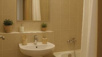 Hair dryer, towels, soap, toilet paper