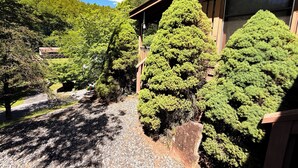 A building with a wooden exterior, surrounded by well-maintained trees and a gravel path.