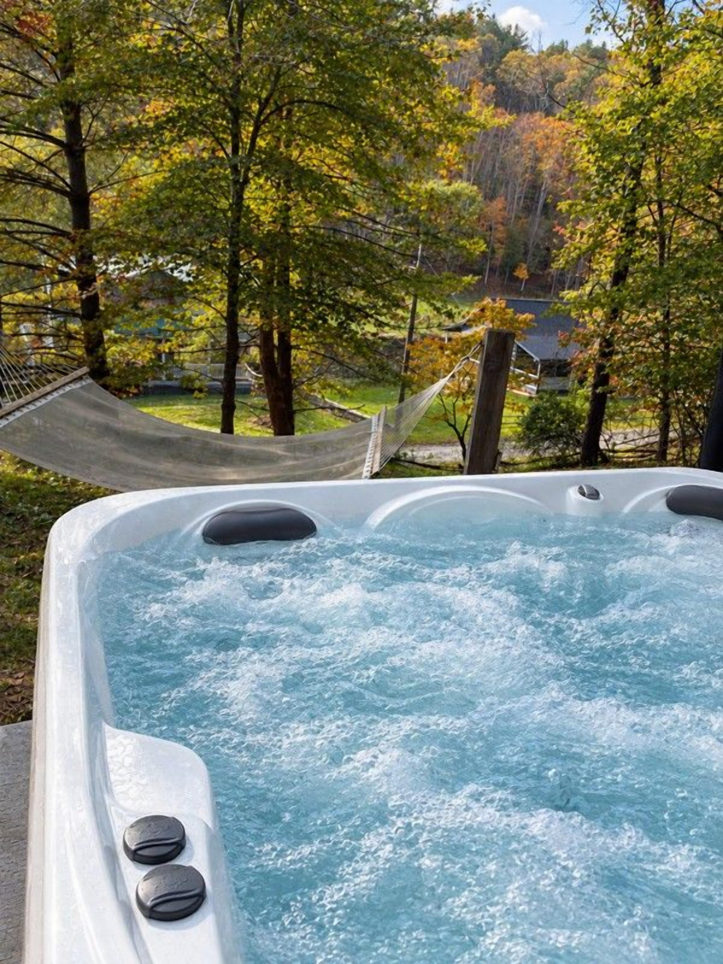 Un bain à remous avec vue sur un hamac et des arbres.