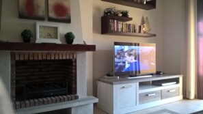 Ein Wohnzimmer mit Kamin, Flachbildfernseher und Bücherregal.