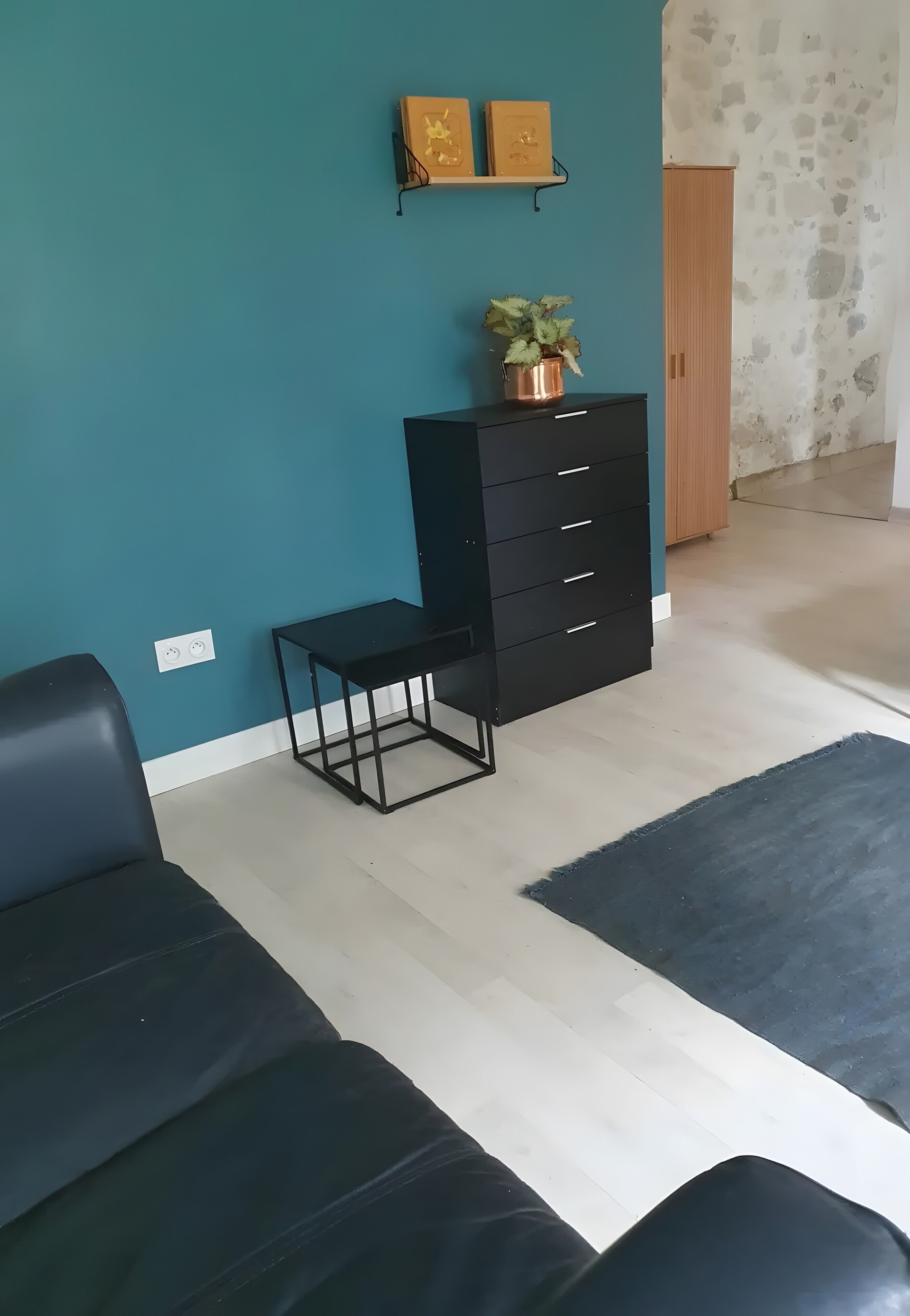 Quarto com paredes verde-água, um sofá preto, uma pequena mesa preta, um armário preto com gavetas e uma planta em vaso.