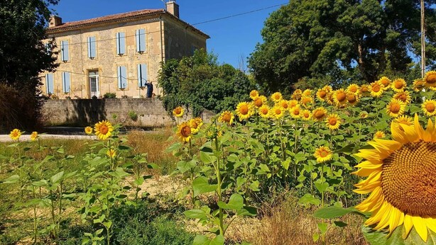 A stone building with multiple windows and a person standing on the porch. - Holiday Home Les Quatre Vents with Shared Garden, Terraces, Wi-Fi, and Air Conditioning (Francescas)