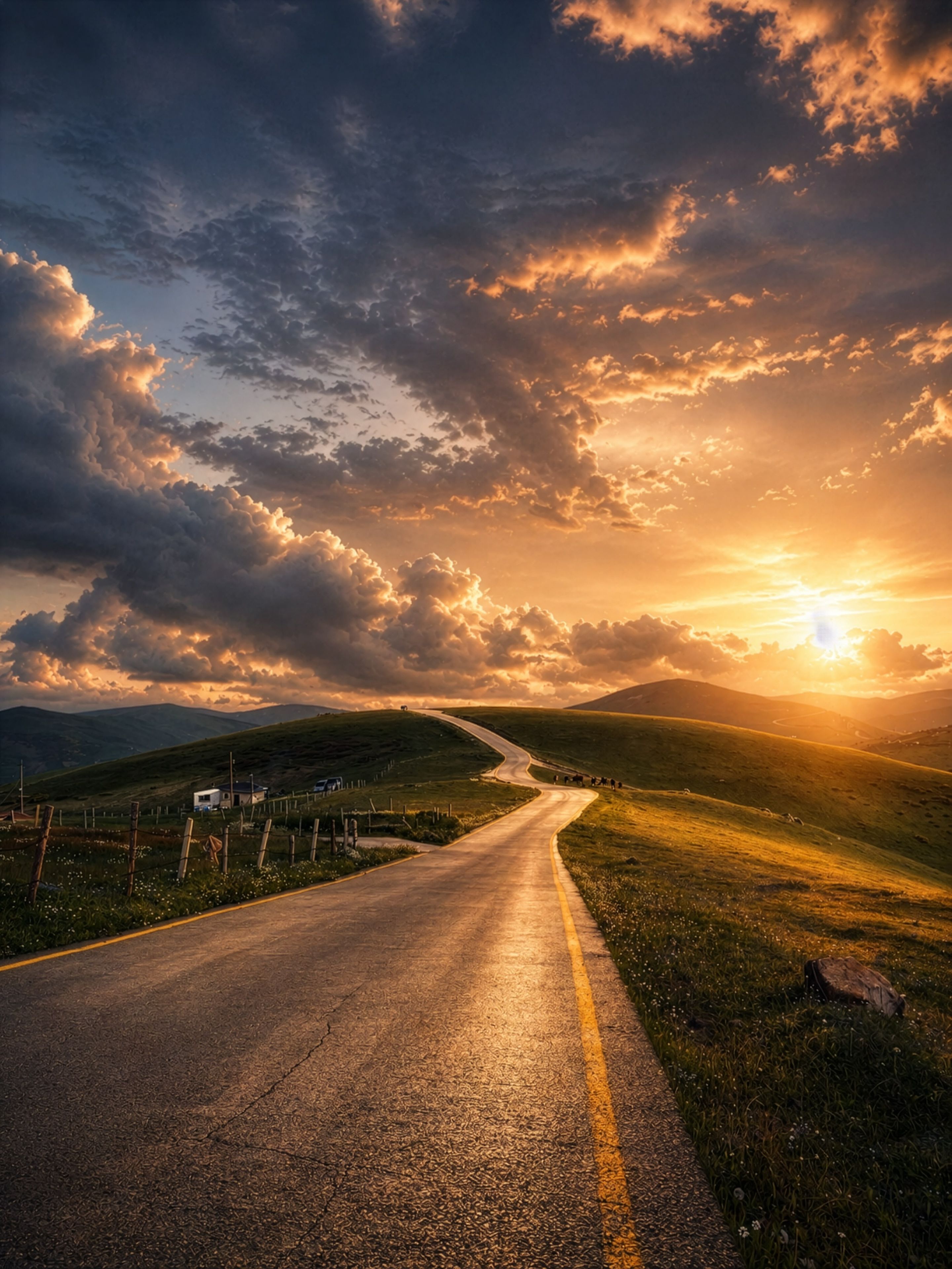 A rural road curving through a hilly landscape with a sunset in the background.