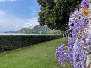 A grassy area with a hedge, purple flowers, and a view of a lake and hills. - Apartment 'Appartamento Alessandra' with Lake View, Wi-Fi and Air Conditioning (Garda)