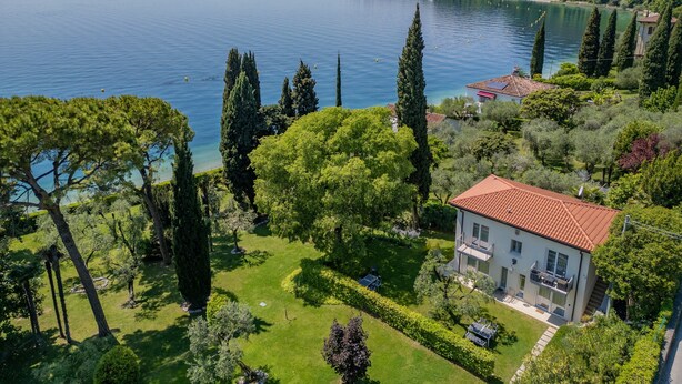 Ein See mit einem Haus auf einem Hügel, umgeben von Bäumen und viel Grün.