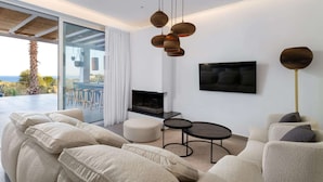 Ein modernes Wohnzimmer mit Kamin, Fernseher und einem großen Fenster mit Blick auf eine schöne Landschaft.