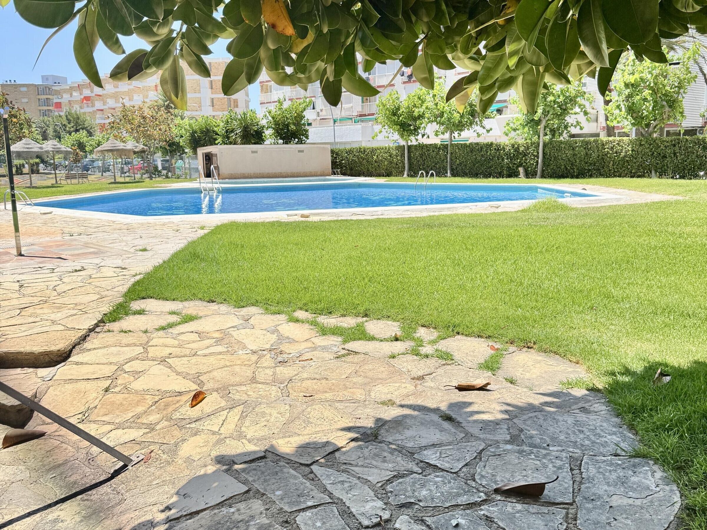 Une piscine avec une terrasse en pierre et de l’herbe au premier plan, entourée de bâtiments.