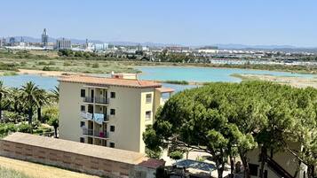 Un edificio con balcones, vistas a una masa de agua y un horizonte urbano distante.