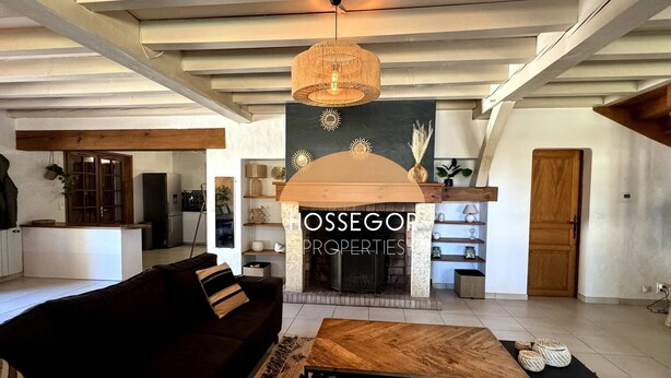 A spacious living area with a sofa, a coffee table, and a fireplace. - Villa Bonamour - Capbreton - Pool - Port - Beach (Capbreton)
