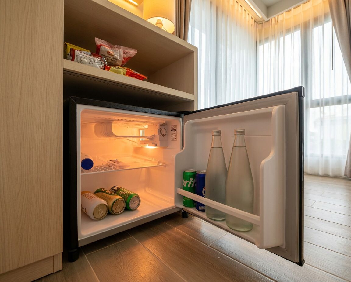 A compact refrigerator with a freezer compartment, containing beverages and a bottle.