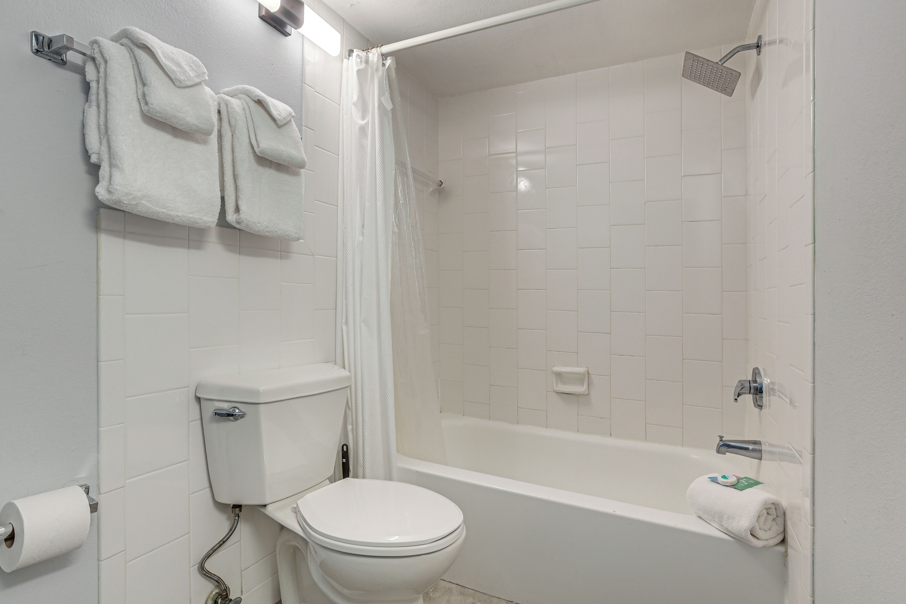 Een badkamer met toilet, bad en douchegordijn.