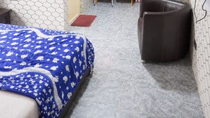A bedroom with a bed, a desk, a chair, a TV, and a ceiling fan.