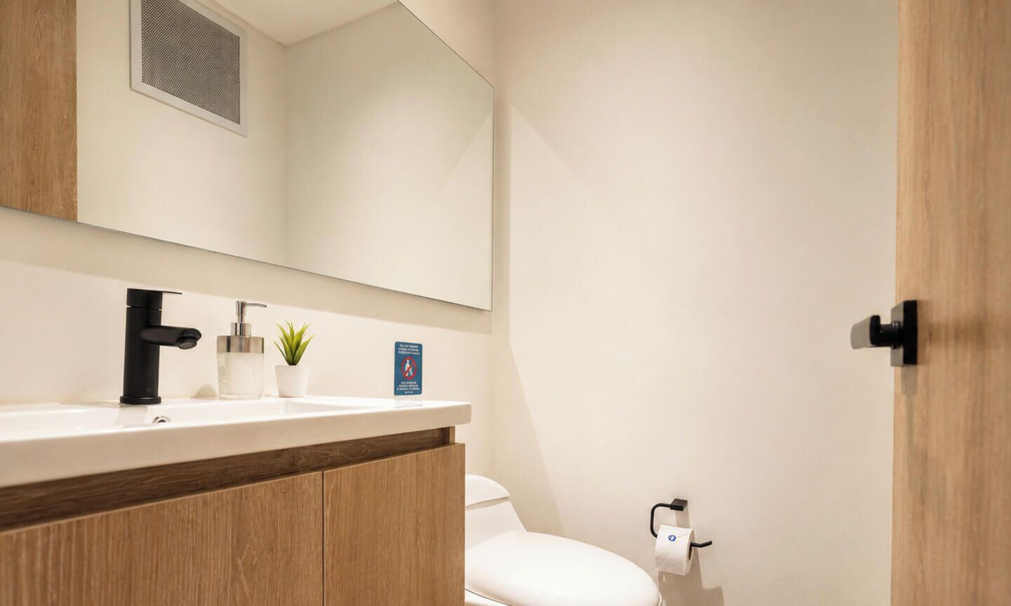 Une salle de bain avec un lavabo blanc, un robinet noir et un miroir au-dessus. On y trouve des toilettes avec un porte-serviettes en papier et une petite plante en pot posée sur le comptoir.