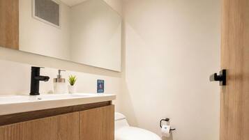 Une salle de bain avec un lavabo blanc, un robinet noir et un miroir au-dessus. On y trouve des toilettes avec un porte-serviettes en papier et une petite plante en pot posée sur le comptoir.