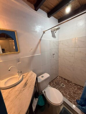 Casa de banho com lavatório, sanita e chuveiro.