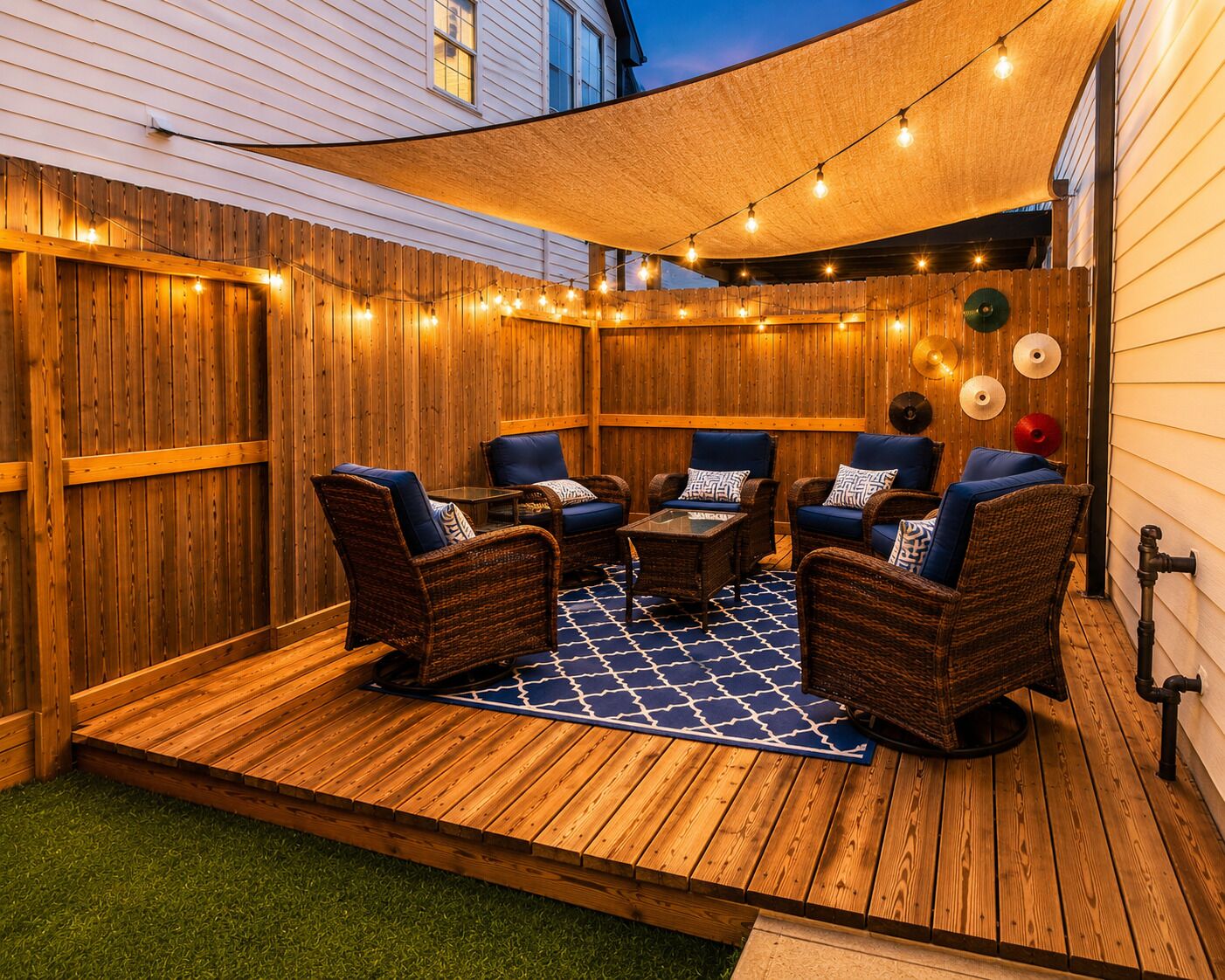 Un patio al aire libre con mobiliario de mimbre, luces colgantes y un tapete estampado.