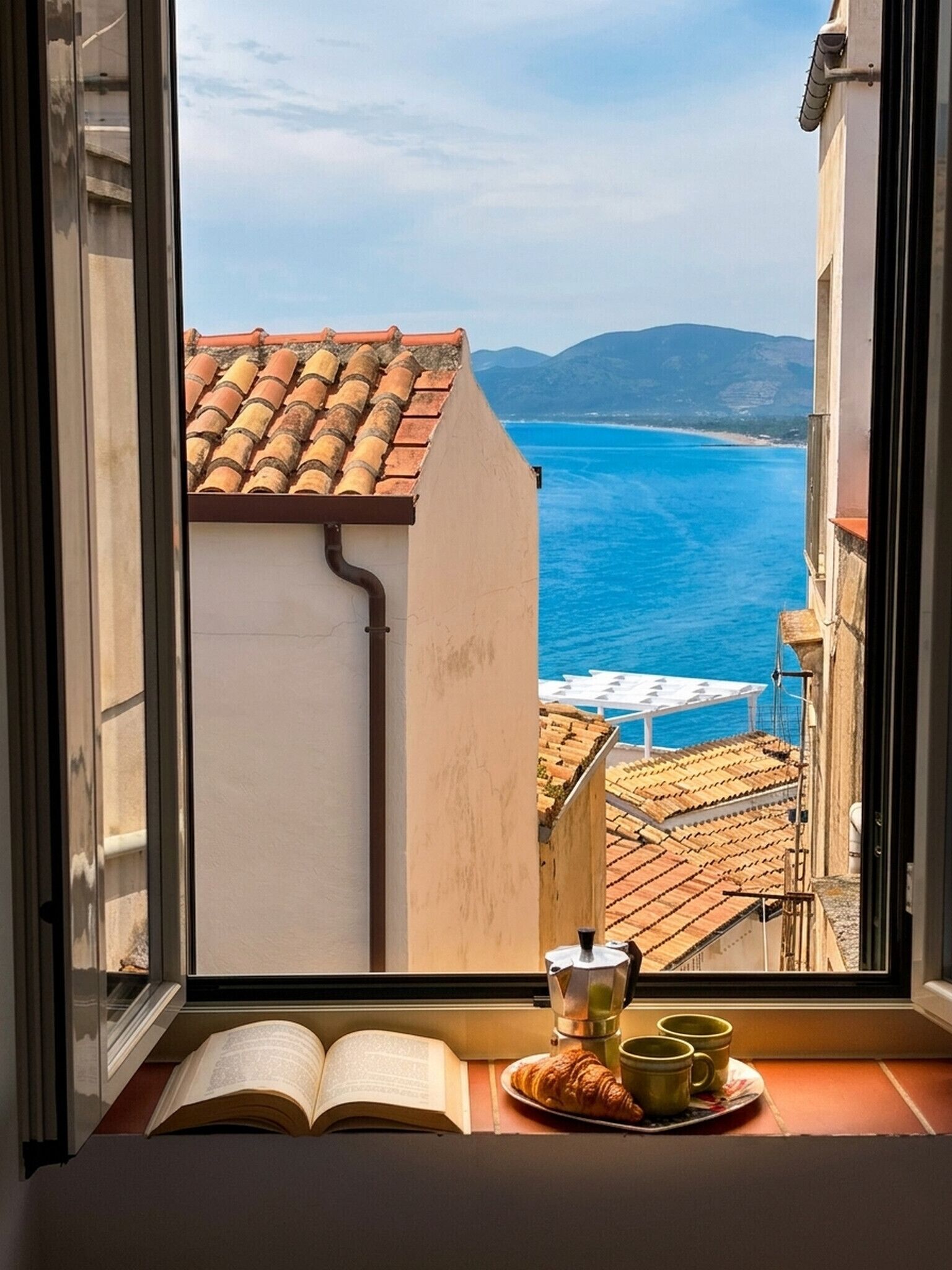 Blick aus dem Fenster auf eine Küstenstadt mit Terrakotta-Dächern, blauem Meer und fernen Bergen.