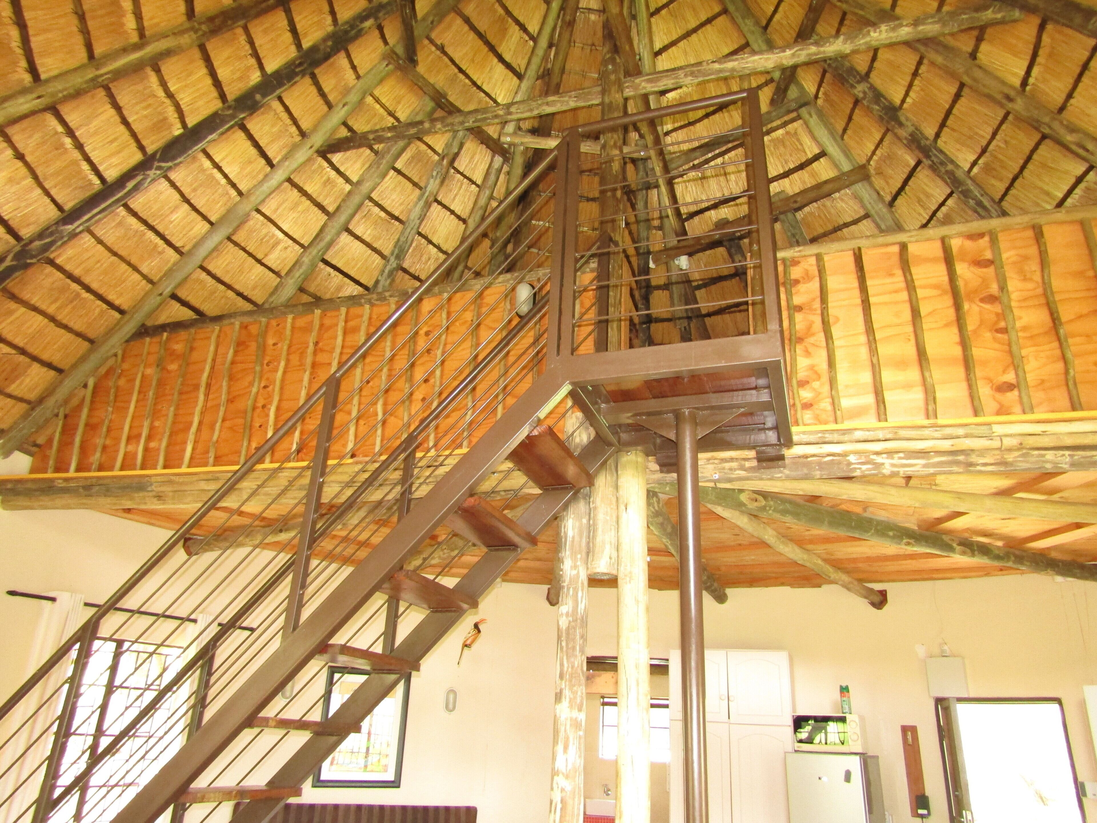 Un techo alto con vigas de madera y una escalera de metal.