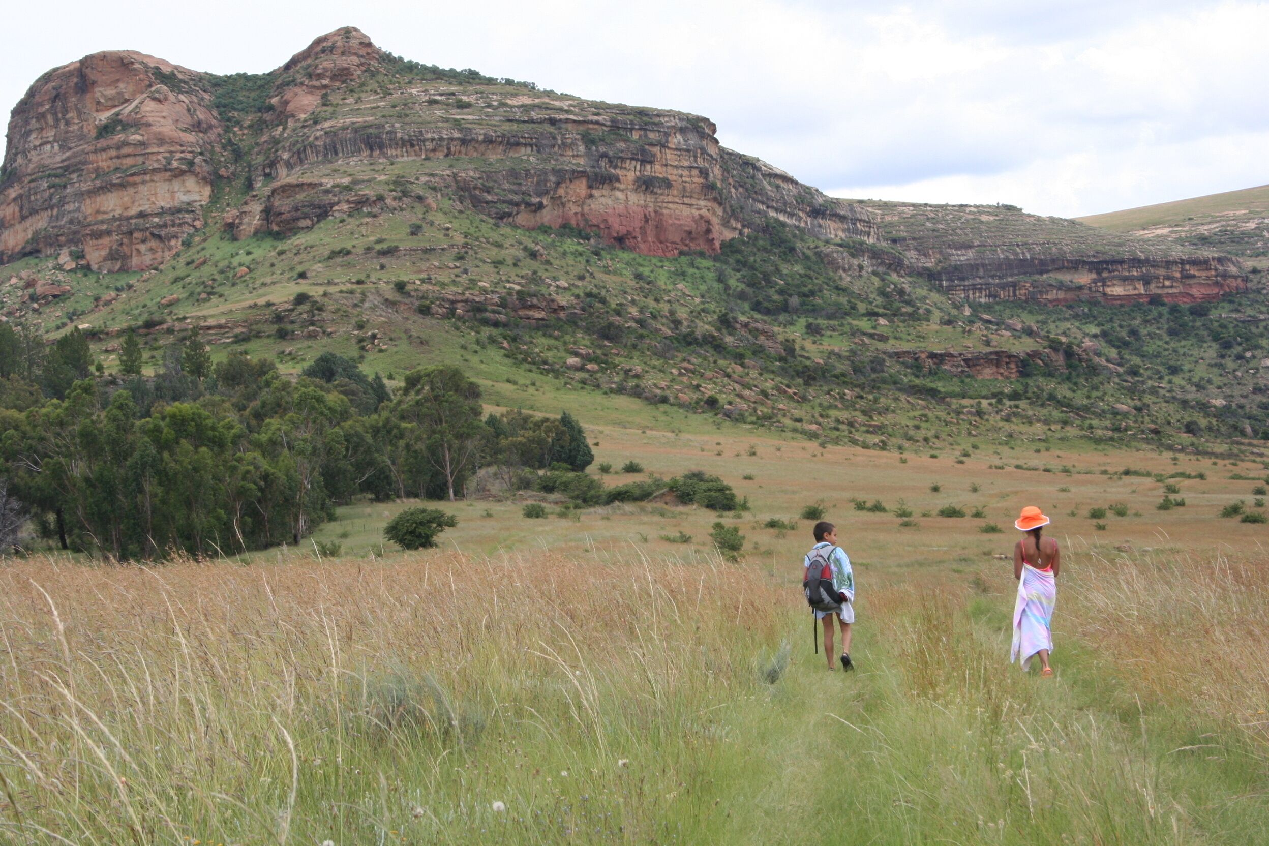 A natural landscape with a prominent rock formation and a grassy field.