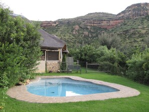 Uma piscina com borda de pedra, rodeada por grama, com uma estrutura de telhado de palha e uma cerca ao fundo.