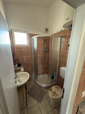 A bathroom with a shower, sink, toilet, and a window. - Apartment Didovi Dvori 2 With Jacuzzi (Razanac)