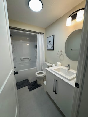 Hair dryer, towels, soap, toilet paper