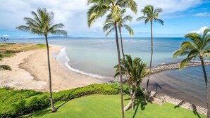 A beach view with palm trees and a grassy area with a lounge chair. - Menehune Shores, #507 2 Bedroom Condo (Kihei)