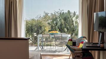 Une pièce avec une grande fenêtre, un bureau avec un ordinateur portable, une chaise avec un coussin coloré et un cactus à l’extérieur.