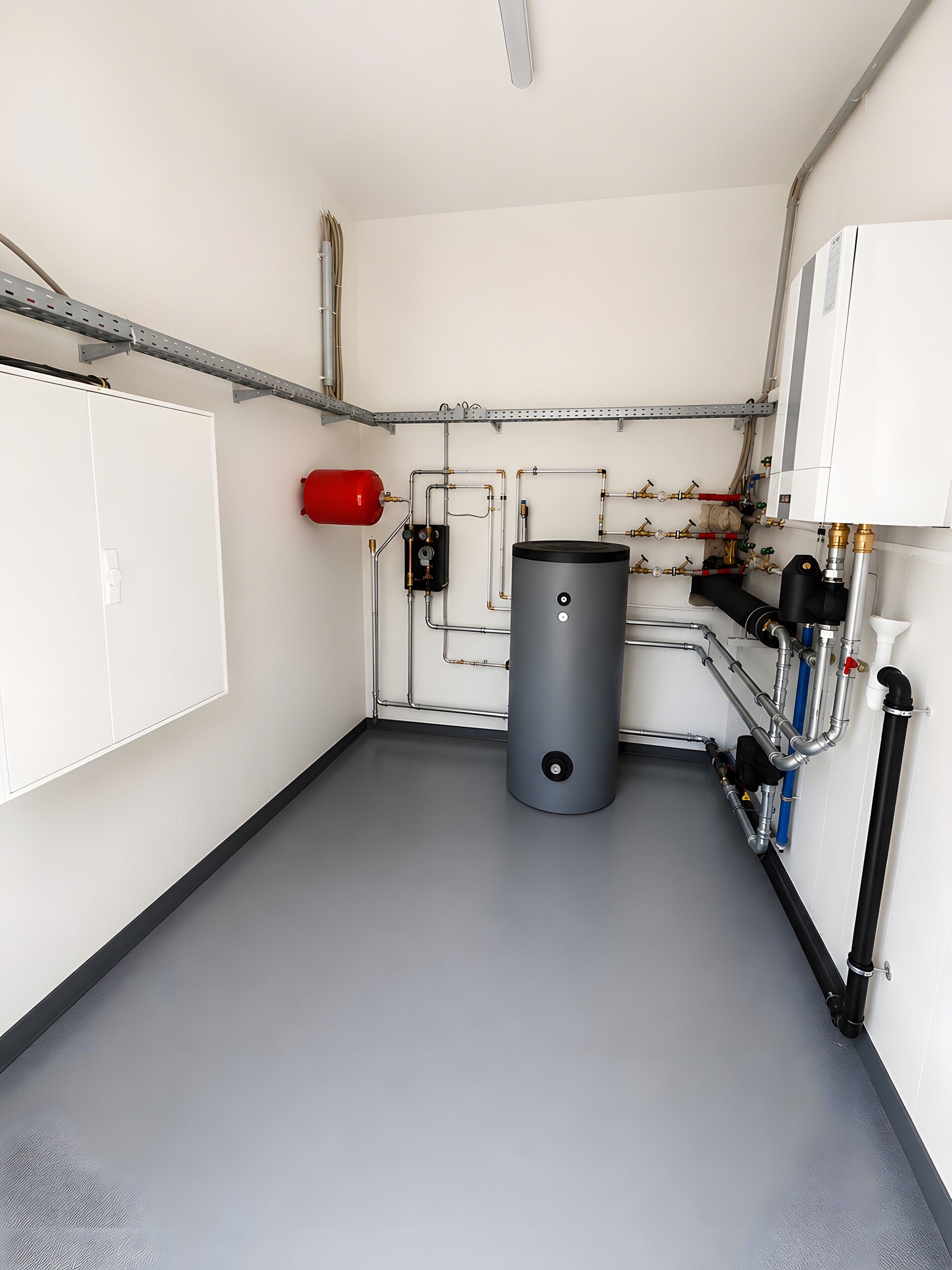 Ein Zimmer mit grauem Boden, weißen Wänden, einem roten Feuerlöscher und einem großen, grauen Warmwasserspeicher.