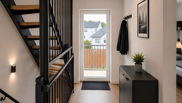 Ein modernes Interieur mit einer Holztreppe, einem kleinen Schreibtisch und einer Tür zu einem Außenbereich.