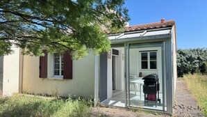 Ein raumhohes Fenster, ein Tisch mit Stühlen, ein Grill draußen und ein Baum im Vordergrund.