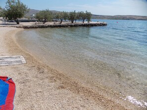 Ein Kiesstrand mit klarem Wasser, einer Holzstege und Bäumen.