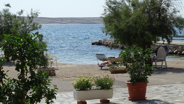 A seaside patio with potted plants, a lounge chair, and a view of the sea. - Apartment 'Vivien' with Sea View, Wi-Fi and Air Conditioning (Kustići)