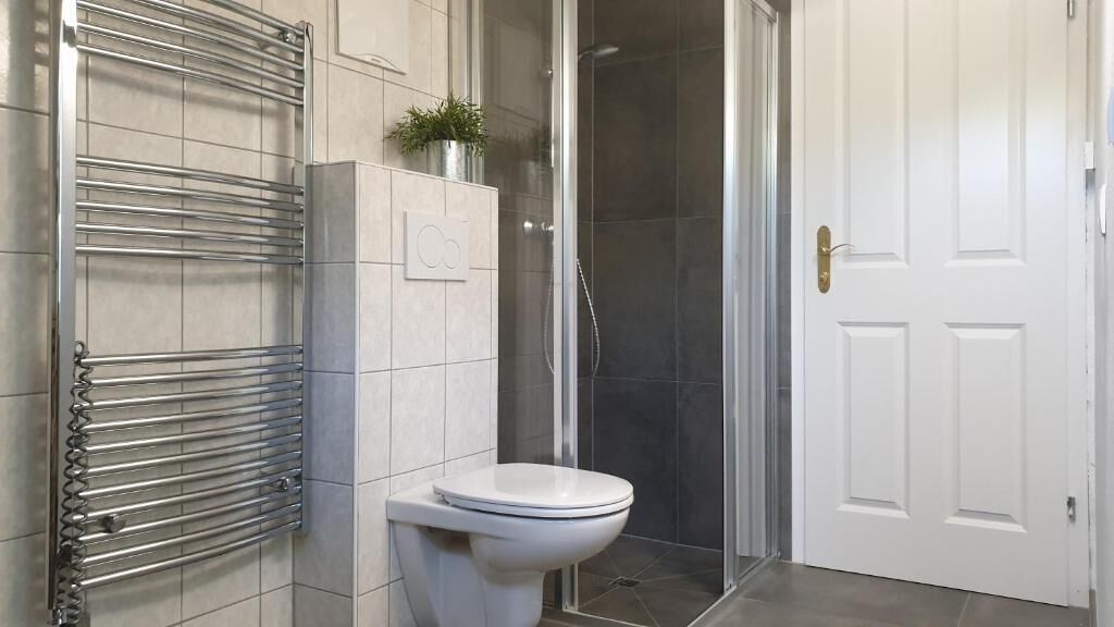 A bathroom with a toilet, a towel rack, a shower, and a white door.
