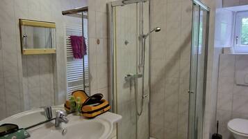 Shower, hair dryer, towels