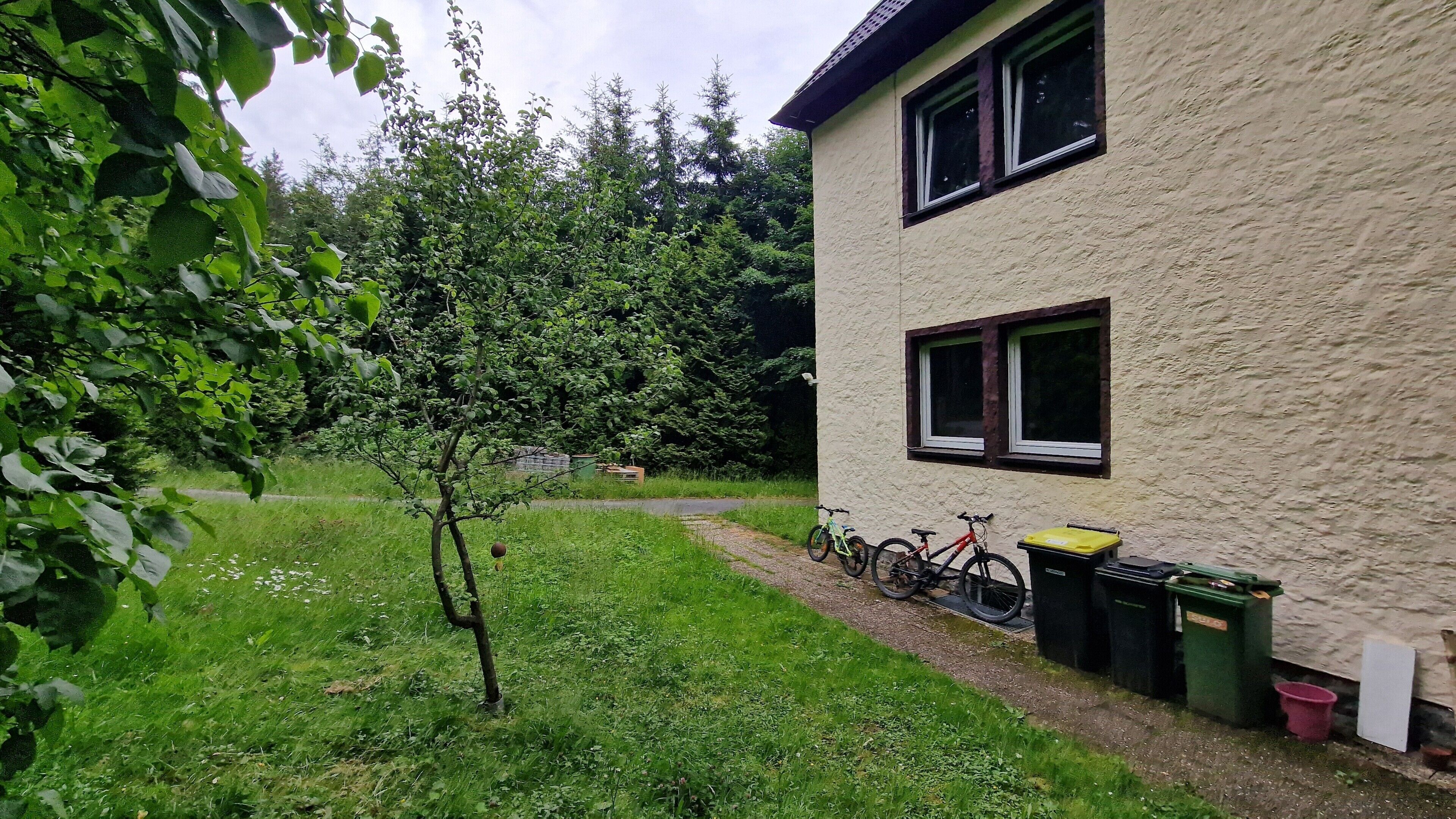 Una casa con jardín césped, un árbol y una bicicleta estacionada afuera.