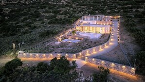 Uma casa moderna com um muro de pedra, um caminho de entrada pavimentado e um jardim ajardinado.