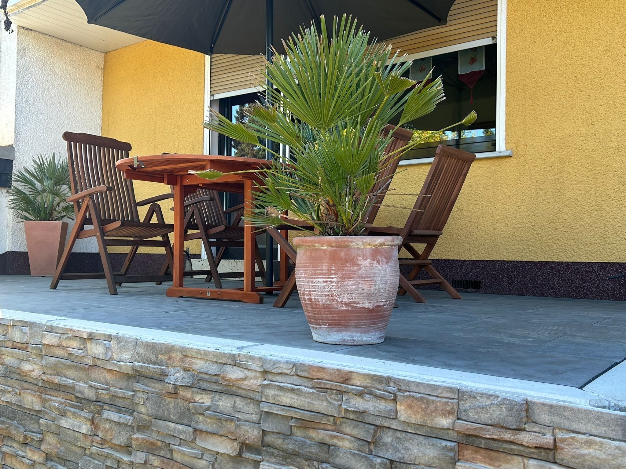Un patio con una mesa y sillas de madera, una planta grande en maceta y un muro de piedra.