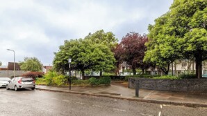 Een straat met geparkeerde auto's, bomen en een voetpad.