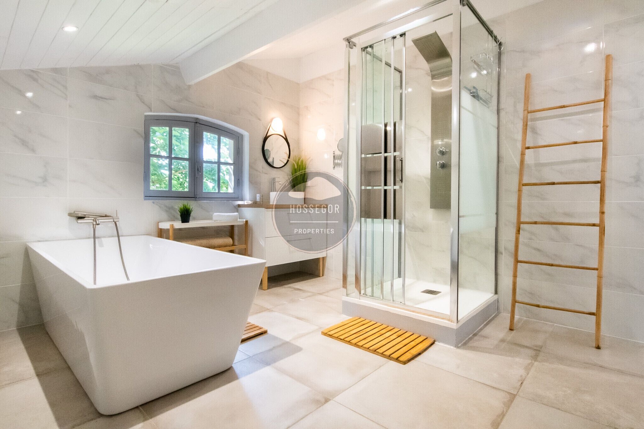 Shower, hair dryer, towels