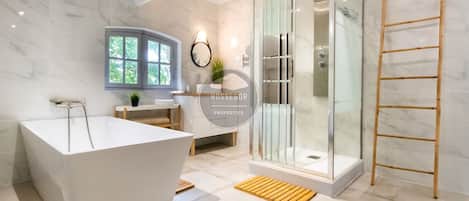 Shower, hair dryer, towels