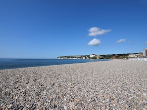 A pebble beach with a clear sky, a distant cliff, and buildings along the coastline. - 2 Lyme Mews (Seaton)