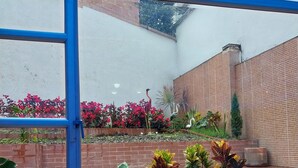 A view through a window of a courtyard with brick walls, potted plants, and a variety of flowers. - Exclusive House in Chapinero Alto - Corporate Groups & Wellness Retreats (14 guests) (Bogotá, D.C.)