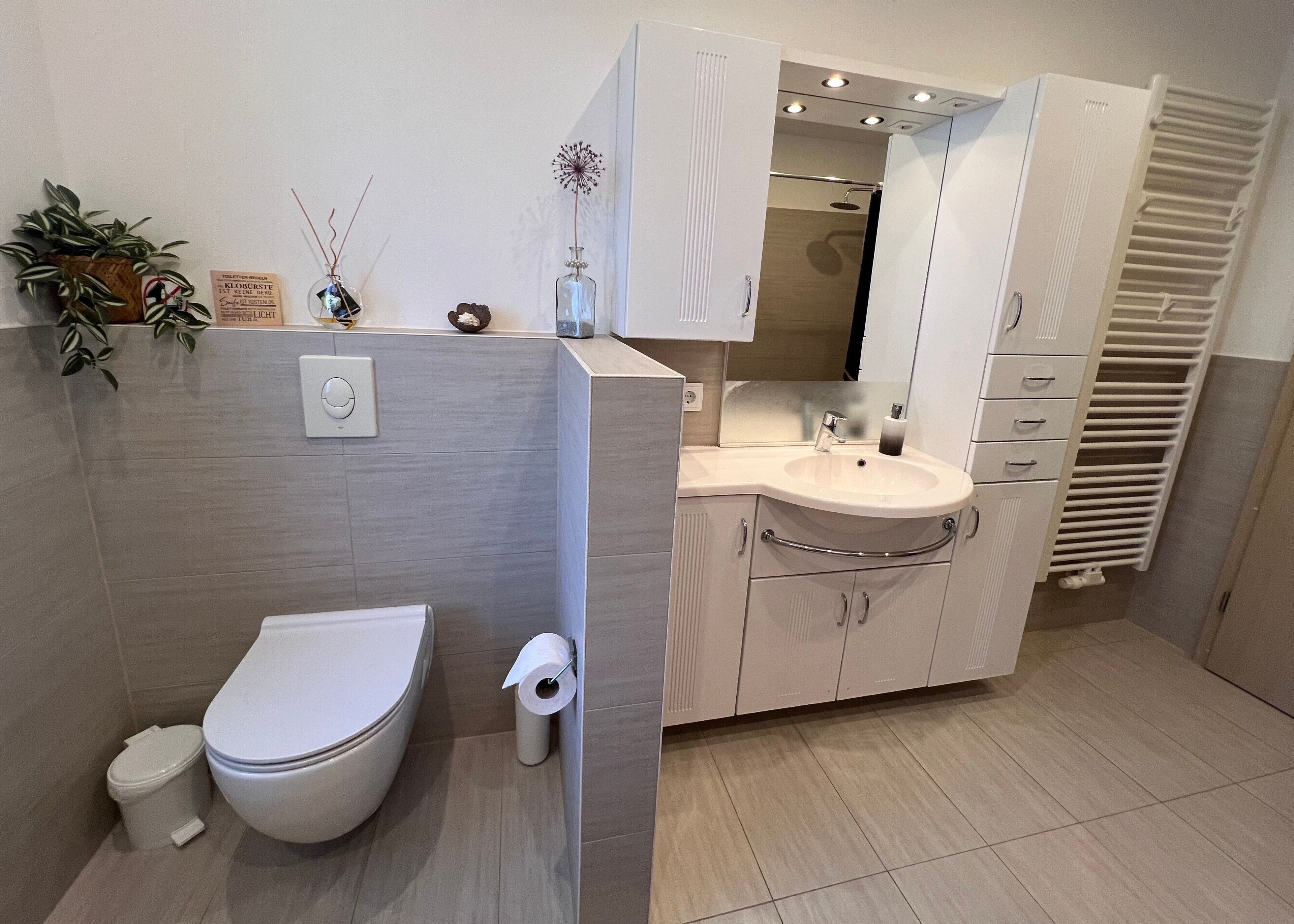 A modern bathroom with a toilet, sink, and mirror.