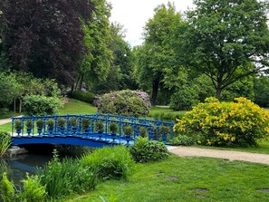 Un puente azul sobre un estanque, rodeado de exuberante vegetación y árboles.