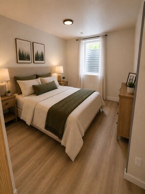 Un dormitori amb un llit, fallegueres, una làmpada, una finestra amb cortines i dos quadres amb marc a la paret.