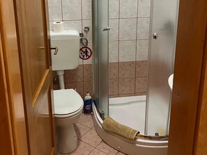 Ein Badezimmer mit Toilette, Dusche und einem Handtuch auf dem Boden.